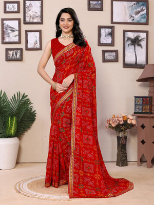 BHAGYAVATI DESIGNER Printed Bandhani Art Silk Saree(Red)