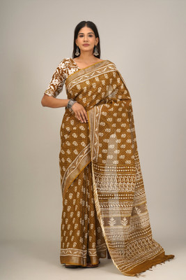 Tropwear Printed Ikkat Cotton Linen Saree(Mustard)