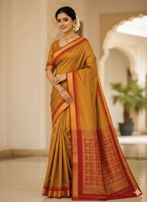Welcome clothing center Temple Border Sambalpuri Cotton Silk Saree(Mustard)