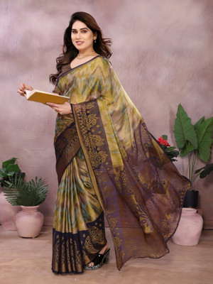 Vichitra Printed, Self Design Bollywood Brasso Saree(Brown)