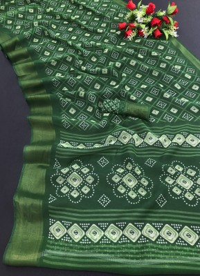 SARETRA MALL Printed Bandhani Cotton Linen Saree(Green)