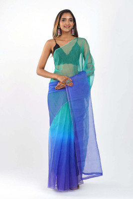 kaizen texo fab Ombre Saree with Attached Blouse Organza Saree(Blue)