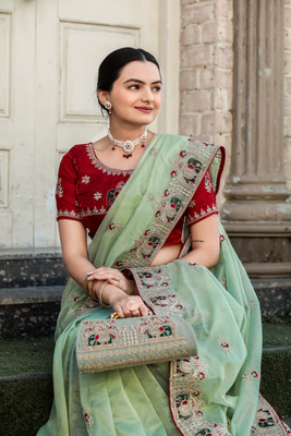 Krishna R fashion Embroidered Baluchari Organza Saree(Light Green)