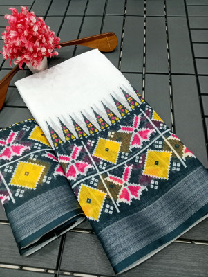 AARAANA Woven, Self Design, Geometric Print Kanjivaram Linen Saree(White)