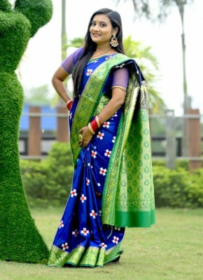 Dulhan Collection Embroidered Sambalpuri Satin Saree(Blue)