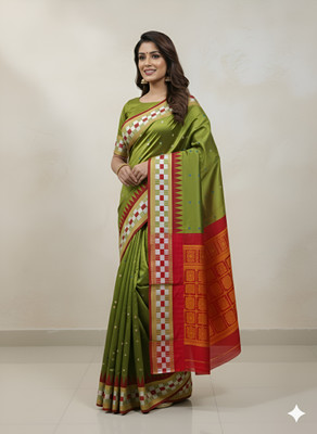 AJMERA FAISHON Temple Border Sambalpuri Cotton Blend Saree(Light Green)