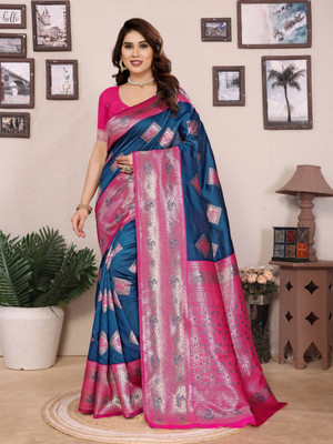 Soor Panchi Embellished Banarasi Cotton Silk Saree(Blue)