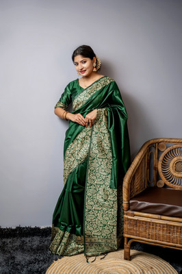 PeachPetals Woven Handloom Cotton Silk Saree(Dark Green)