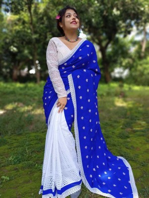 Rnn Embroidered Handloom Cotton Silk Saree(Blue, White)