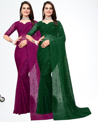 Vragi Self Design Bollywood Net Saree(Pack of 2, Green, Purple)