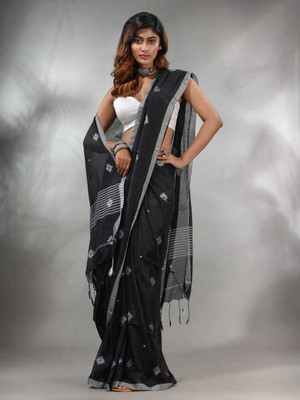 SAYAN CREATION Self Design Handloom Pure Cotton Saree(Black)