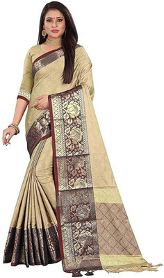 MAHADEV ENTERPRISE Self Design, Solid/Plain Banarasi Cotton Linen Saree(Cream)