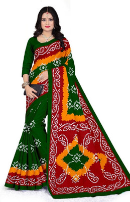 HeritageHub Printed Bandhani Pure Cotton Saree(Dark Green)