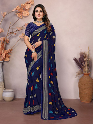 Moda Rapido Printed, Self Design Daily Wear Georgette Saree(Blue)