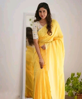 TWIRL Solid/Plain Handloom Cotton Blend Saree(Yellow)