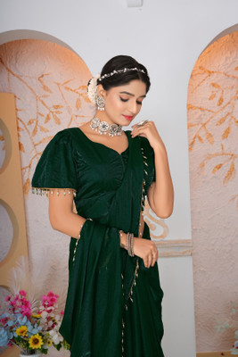 HouseOfCommon Embellished, Embroidered, Solid/Plain Bollywood Chiffon, Pure Silk Saree(Green)