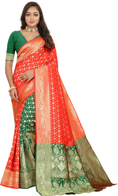 FENAL Woven Kanjivaram Jacquard, Pure Silk Saree(Red, Green)