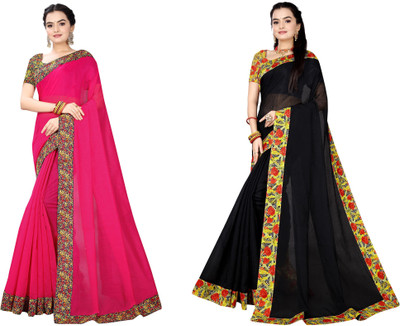 manish Printed Chanderi Cotton Blend Saree(Pack of 2, Magenta, Black)