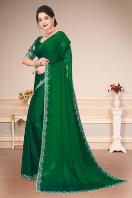 shrijamyaham Self Design Bollywood Chiffon Saree(Green)
