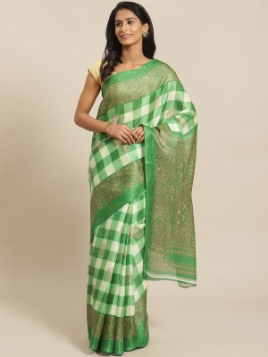 Grubstaker Checkered Bhagalpuri Pure Silk Saree(Green)