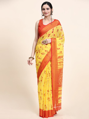 rujave Digital Print Assam Silk Chiffon Saree(Yellow)