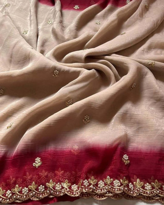 BELLETRENDZ Embroidered Bollywood Jimmy choo Saree(Cream, Red)