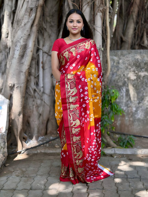 S.R.TEXTILES Animal Print Bandhani Crepe, Silk Blend Saree(Multicolor)