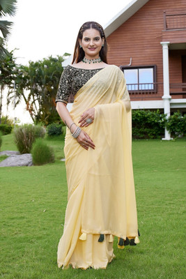 JIVI CLOTHING Solid/Plain Bollywood Georgette Saree(Yellow)