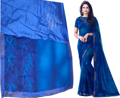 Dhandai Fashion Printed, Self Design, Embellished, Floral Print Bollywood Georgette Saree(Blue)