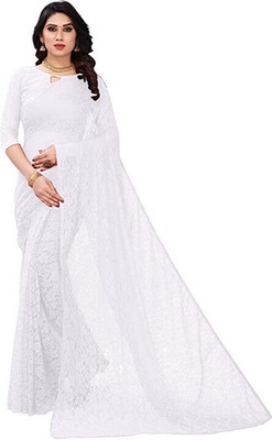 NORAFLEX Embroidered Bollywood Net Saree(White)