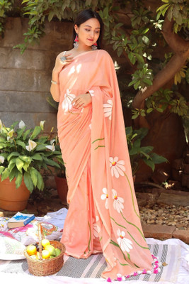 KCF Floral Print Handloom Pure Cotton Saree(Orange)
