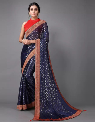 Megh Sarees Woven Bollywood Lycra Blend Saree(Blue)
