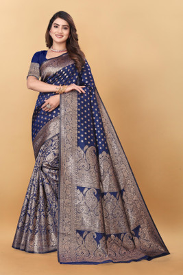 Magneitta Woven, Self Design Kanjivaram Silk Blend, Pure Silk Saree(Dark Blue)
