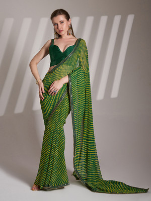 Divastri Striped, Embellished Bandhani Georgette Saree(Green)