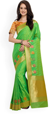 Saanjh Embellished Saree with Attached Blouse Silk Blend Saree(Green)