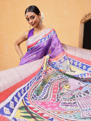 SILK ZONE Printed Chanderi Cotton Blend Saree(Purple)
