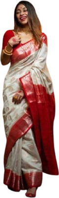 WOMENELEGENCE Woven Banarasi Pure Silk Saree(White)