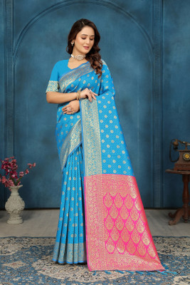 kevami fashion Woven Kanjivaram Pure Silk Saree(Light Blue)