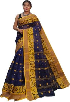 HouseOfCommon Printed Daily Wear Pure Cotton Saree(Dark Blue, Yellow)