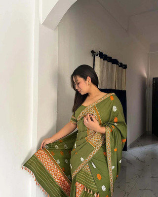 VM Selling Hub Self Design Mekhela Chador Cotton Blend Saree(Green)