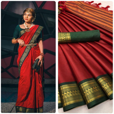 mishihouse Self Design Kanjivaram Jacquard, Pure Silk Saree(Red)