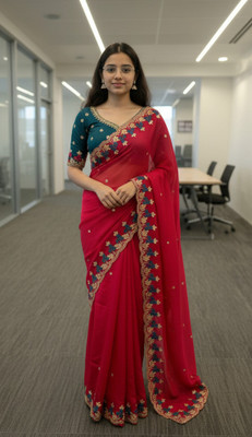 BrownSoilOrganics Floral Print Jamdani Satin Saree(Red)