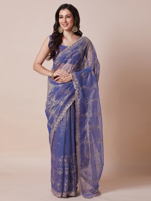 Tasrika Embroidered Bollywood Net Saree(Purple)