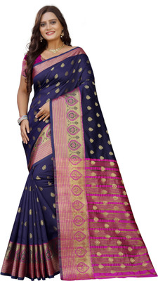JS Clothing Mart Woven Banarasi Art Silk Saree(Dark Blue, Pink)