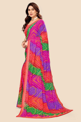 Kanooda Prints Printed Bandhani Georgette Saree(Blue)
