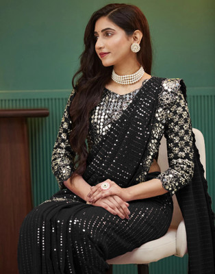 Samah Embellished, Embroidered, Self Design Bollywood Georgette Saree(Black)