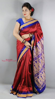 Sijileen Temple Border, Solid/Plain Sambalpuri Silk Blend Saree(Red)