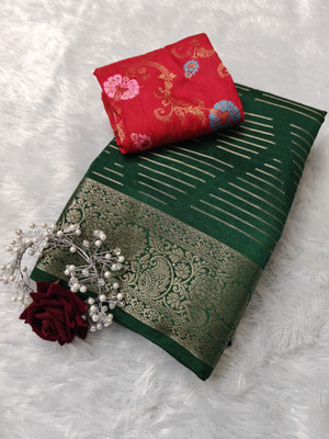 Sakhi Vastra Striped, Woven Banarasi Jacquard, Silk Blend Saree(Dark Green)