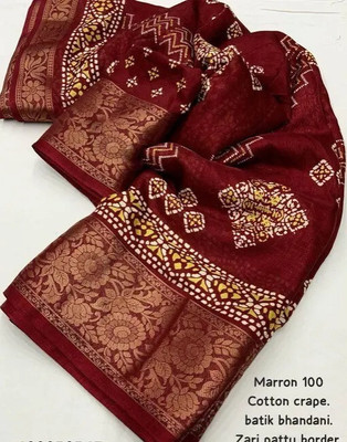 AA ONE ENTERPRISE Printed Hand Batik Cotton Silk Saree(Maroon)