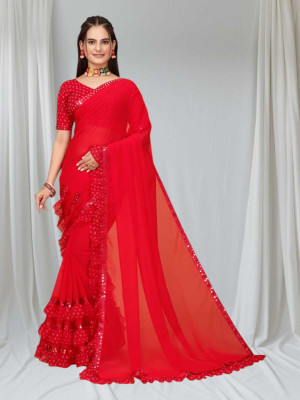 ziloskifab Embellished Bandhani Georgette Saree(Red)